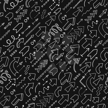 Seamless background of doodle arrows on black background. Diagonal direction of movement.