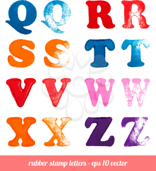 Isolated rubber stamp letters set. Q - Z consonants. Vector illustration.