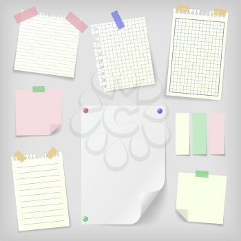 Post-it set of realistic sticky notes, lined and squared notebook papers and blank sheet mock-up with pins and stickers. Place for text.