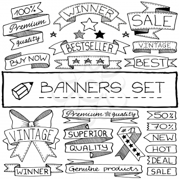 Handdrawn banner and tag icons with captions and stars. Vector illustration.