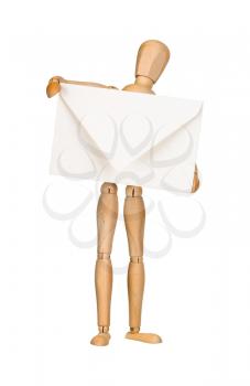 Wooden model dummy holding envelop, isolated on white. Mail concept.