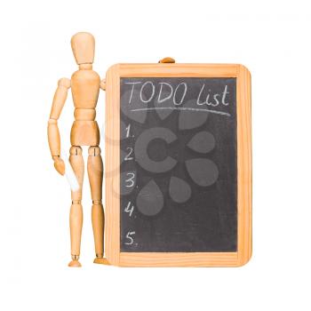 Wooden dummy with chalkboard todo list isolated on white.