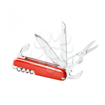 Red swiss knife, open blades. Isolated on white