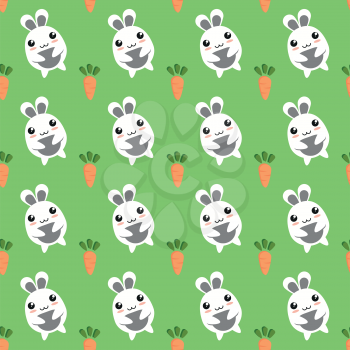 Seamless background of bunnies and carrots. Vector illustration.