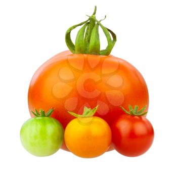 Red, orange and green little cherry tomatoes with big one isolated on white