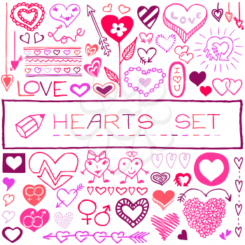 Handdrawn set of pink and red hearts and arrows for Valentine's day, wedding, birthday and other occasions. 