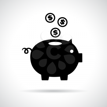Piggy bank icon with coins falling in. Saving money concept.
