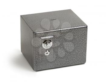 Grey metallic safe box, isolated on white