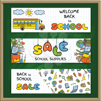 Doodle Back to School sale banners set on green chalk board background. Hand drawn education symbols on notebook paper. School supplies sale concept. Invitation template.  Vector illustration.