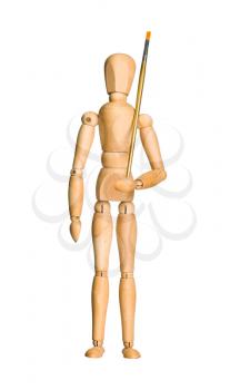 Wooden model dummy holding brush, isolated on white. Artist concept.