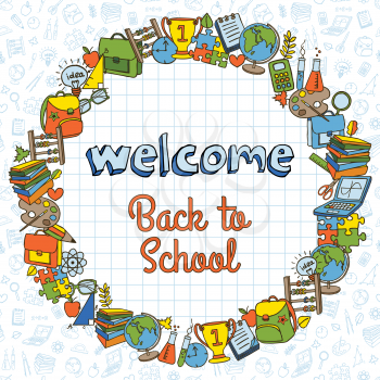 Doodle Back to School template design. School supplies, education, learning, courses and tutorials  concept.