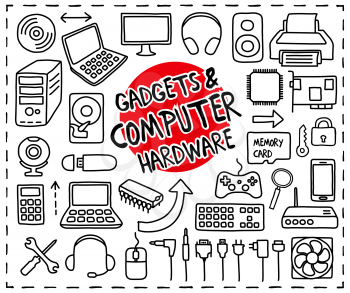 Doodle Gadgets and Computer Hardware icons set. Freehand drawn graphic elements.