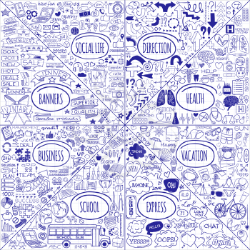 Mega set of doodle social, business, medicine, vacation and school icons, banners, arrows and speech bubbles. Hand drawn pen on notepaper effect. Infographics designer elements. Vector illustration.