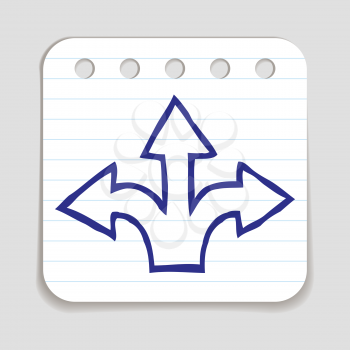 Doodle 3 Arrows icon. Blue pen hand drawn infographic symbol on notepaper piece. Line art style graphic design element. Web button with shadow. Choice, considering options, making decision concept. 
