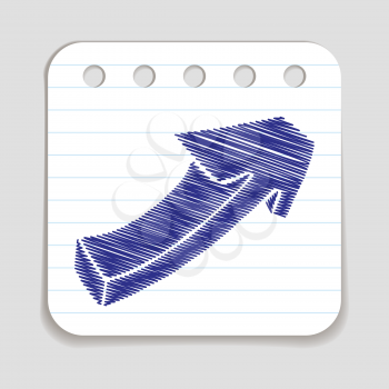 Doodle Arrow icon. Blue pen hand drawn infographic symbol on a notepaper piece. Line art style graphic design element. Web button with shadow. Direction, growth, going up,  progress concept. 