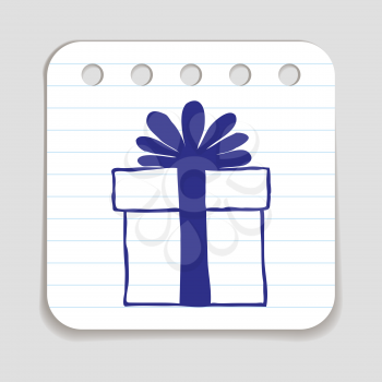 Doodle Gift Box icon. Blue pen hand drawn infographic symbol on a notepaper piece. Line art style graphic design element. Web button with shadow. Free, present, holiday shopping, Black Friday concept