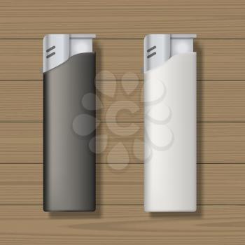 Two lighters on wooden background. Blank template. Business identity mock up. Vector illustration.
