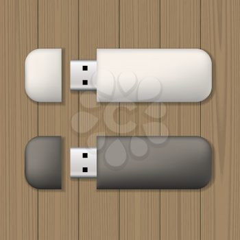 Two usb memory sticks on wooden background. Blank template. Business identity mock up. Vector illustration.