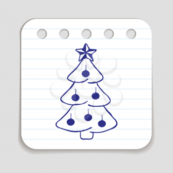 Doodle icon of Christmas Tree. Blue pen hand drawn infographic symbol on a notepaper piece. Line art style graphic design element. Web button with shadow. Vector illustration
