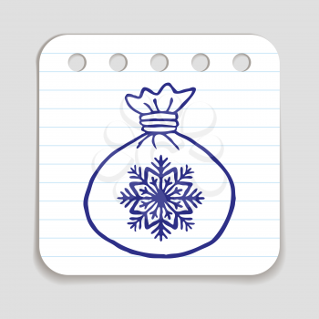 Doodle Christmas Presents Bag icon. Blue pen hand drawn infographic symbol on a notepaper piece. Line art style graphic design element. Web button with shadow. Groceries sales supermarket concept.