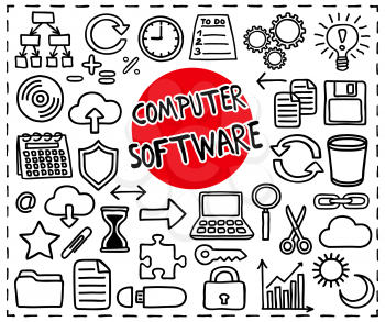 Computer Software set. Freehand doodle icons. Graphic elements - app icons such as copy, paste, cut, etc, cloud computing, diagram, puzzle piece, laptop, light bulb idea and more. Vector illustration