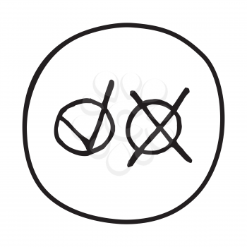 Doodle Check icon. Infographic symbol in a circle. Line art style graphic design element. Web button. Choice, vote, approval or disapproval concept. 