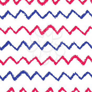 Seamless chevron pattern. Hand painted with oil pastel crayons. Red blue stripes on white background. Design element for printables, wallpaper, baby shower invitation, birthday card, scrapbooking etc.