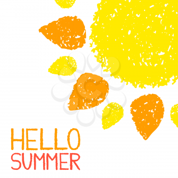 Hello Summer poster. Hand painted with oil pastel crayons. Bright fun card, invitation template. Yellow and orange sun and red text. Abstract graphic design on white background. Vector illustration