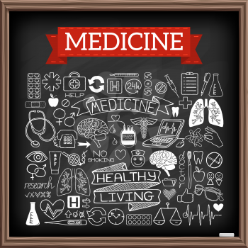 Medical doodles on chalk board. Hand drawn healthcare set of icons with medicine and science tools, human organs, diagrams, banners with quotes etc. Black chalkboard effect. Vector illustration.