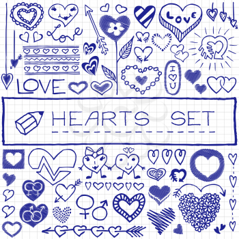 Hand drawn set of hearts and arrows, blue pen effect. Vector Illustration.