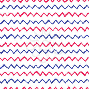 Seamless chevron pattern. Hand painted with oil pastel crayons. Red  and blue stripes on white background. Design element for printables, wallpaper, baby shower invitation, birthday card, scrapbooking