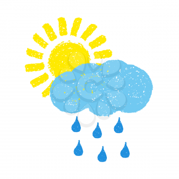 Sun, cloud and rain. Hand painted with oil pastel crayons. Weather forecast, summertime, climate,  meteorology concept. Graphic design element for seasonal poster, greeting card, scrapbooking, childre