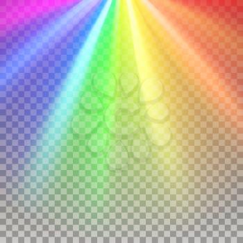 Rainbow rays. Color spectrum flare. Glaring effect with transparency. Abstract glowing light background. Ready to apply. Graphic element for documents, templates, posters, flyers. Vector illustration