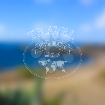 Travel label on blurred sea beach background. Travel The World concept for summer time vacation greeting cards, invitations etc. 