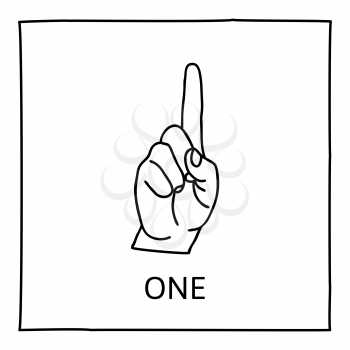 Doodle Palm icon. Counting hands showing one finger. Graphic design element for teaching math to young children as school printout. Great for showing numbers on your design in a fun and creative way.