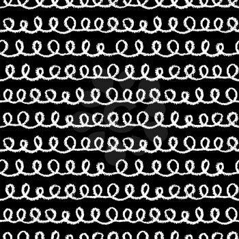 Seamless loops pattern. Hand painted with oil pastel crayons. White stripes on black background. Design element for printables, wallpaper, baby shower invitation, birthday card, scrapbooking etc.