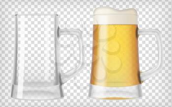 Two beer glasses, one empty and one full. Lager beer. Transparent realistic elements.Ready to apply to your design. Vector illustration.