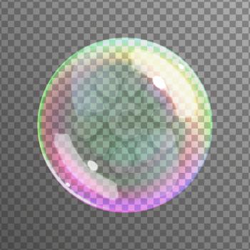 Soap bubble on black background. Realistic bubble with rainbow reflection. Vector illustration.