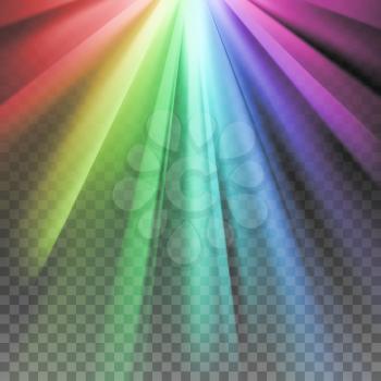 Rainbow rays. Color spectrum flare. Glaring effect with transparency. Abstract glowing light background. Ready to apply. Graphic element for documents, templates, posters, flyers. Vector illustration