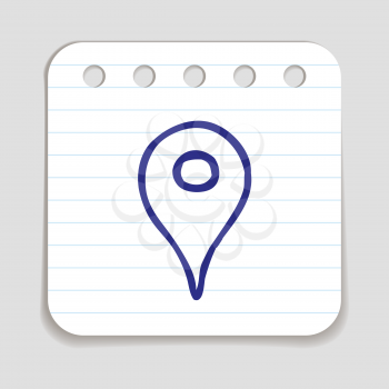 Doodle Location Pointer icon. Blue pen hand drawn infographic symbol on a notepaper piece. Line art style graphic design element. Web button with shadow. Navigating,  location om map concept. 
