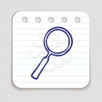 Doodle Magnifying Glass icon. Blue pen hand drawn infographic symbol on a notepaper piece. Line art style graphic design element. Web button with shadow. Search, looking up concept. 