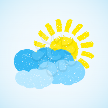 Sun and cloud. Hand painted with oil pastel crayons. Weather forecast, summertime, climate, meteorology concept. Graphic design element for poster, greeting card, scrapbooking, children book