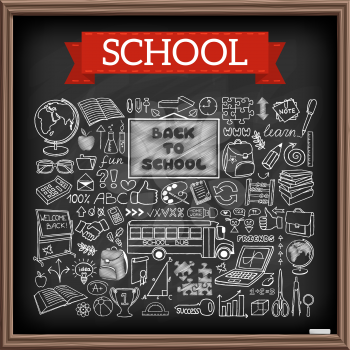 Back to School doodles. Graphic design elements. Hand drawn education icons set with blackboard, school bus and supplies, puzzle, thumb up and more. Black chalkboard effect. Vector Illustration