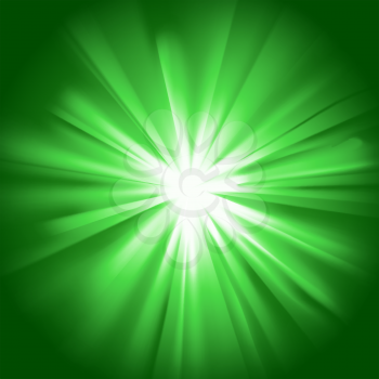 Green glowing light. Bright shining star. Bursting explosion. Transparent graphic design element. Colorful gradient rays. Glaring effect with transparency. Abstract glowing sparkle. Vector illustratio