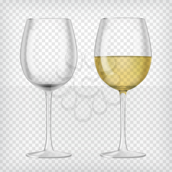 Set of realistic transparent wine glasses. One glass with red wine and one empty glass. Graphic design elements for advertisement, flyer, poster, web site, restaurant menu. Vector illustration.