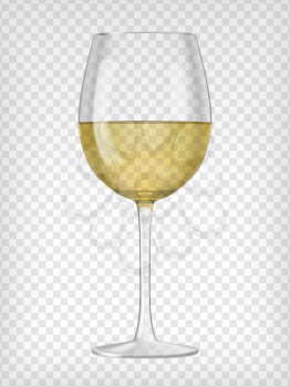Realistic transparent wine glass filled with white wine. Graphic design elements for advertisement, flyer, poster, web site, restaurant menu, scrapbooking. Vector illustration.