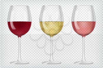 Set of realistic transparent wine glasses. Red, rose and white wine. Graphic design elements for advertisement, flyer, poster, web site, restaurant menu, scrapbooking. Vector illustration.