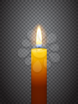 Realistic burning candle. Transparency grid. Special effect. Ready to apply to your design. Graphic element for documents, templates, posters, flyers. Vector illustration