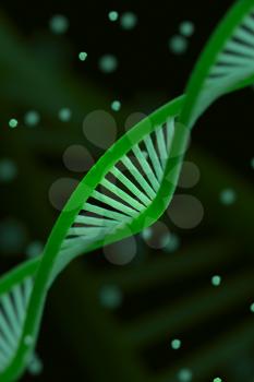 DNA chain macroshot. Highly detailed render. Green color. Scientific background or medical backdrop. Great for poster, book cover, flyer or folder. Shallow DOF. 3D illustration