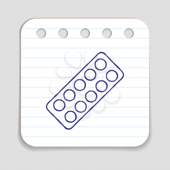 Doodle pills blister bottle icon. Blue pen hand drawn infographic symbol on notepaper. Line art style graphic design element. Web button with shadow. Medication, drugs concept. Vector illustration
